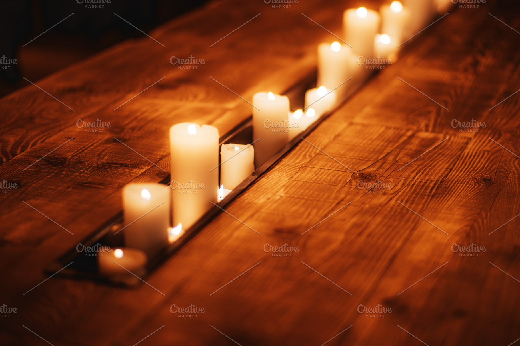 Glowing Candles in Rustic Wood Table, an Architecture Photo by SkyNext