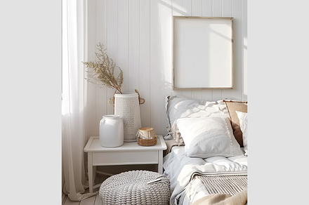 Mockup Frame in a White Bedroom, an Architecture Photo by GFXCity