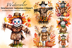 Watercolor Scarecrow Autumn Clipart