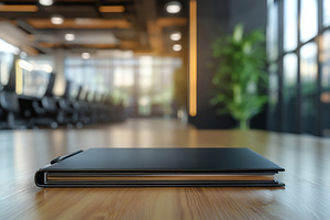 A sleek, closed black notebook resting on a polished wooden table in a modern o, a Background Photo by ImageMir