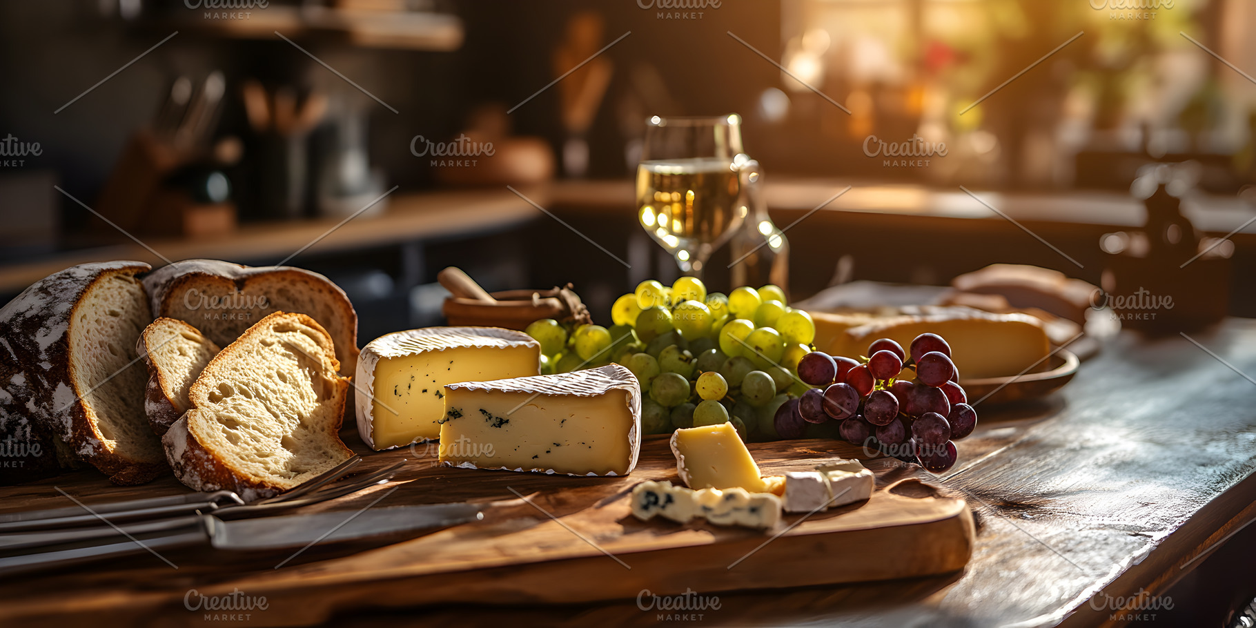 Cheese bread grapes and wine on rust, a Food & Drink Photo by Photostock