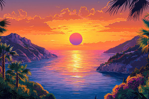 Tropical sunset over ocean bay with colorful sky, palm trees, an, a Nature Photo by José Manuel Gelpi