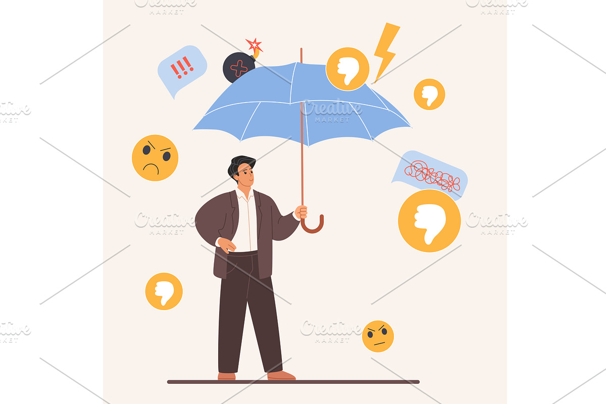 Umbrellas man bad feedback pressure, a Person Illustration by Lemberg Vector