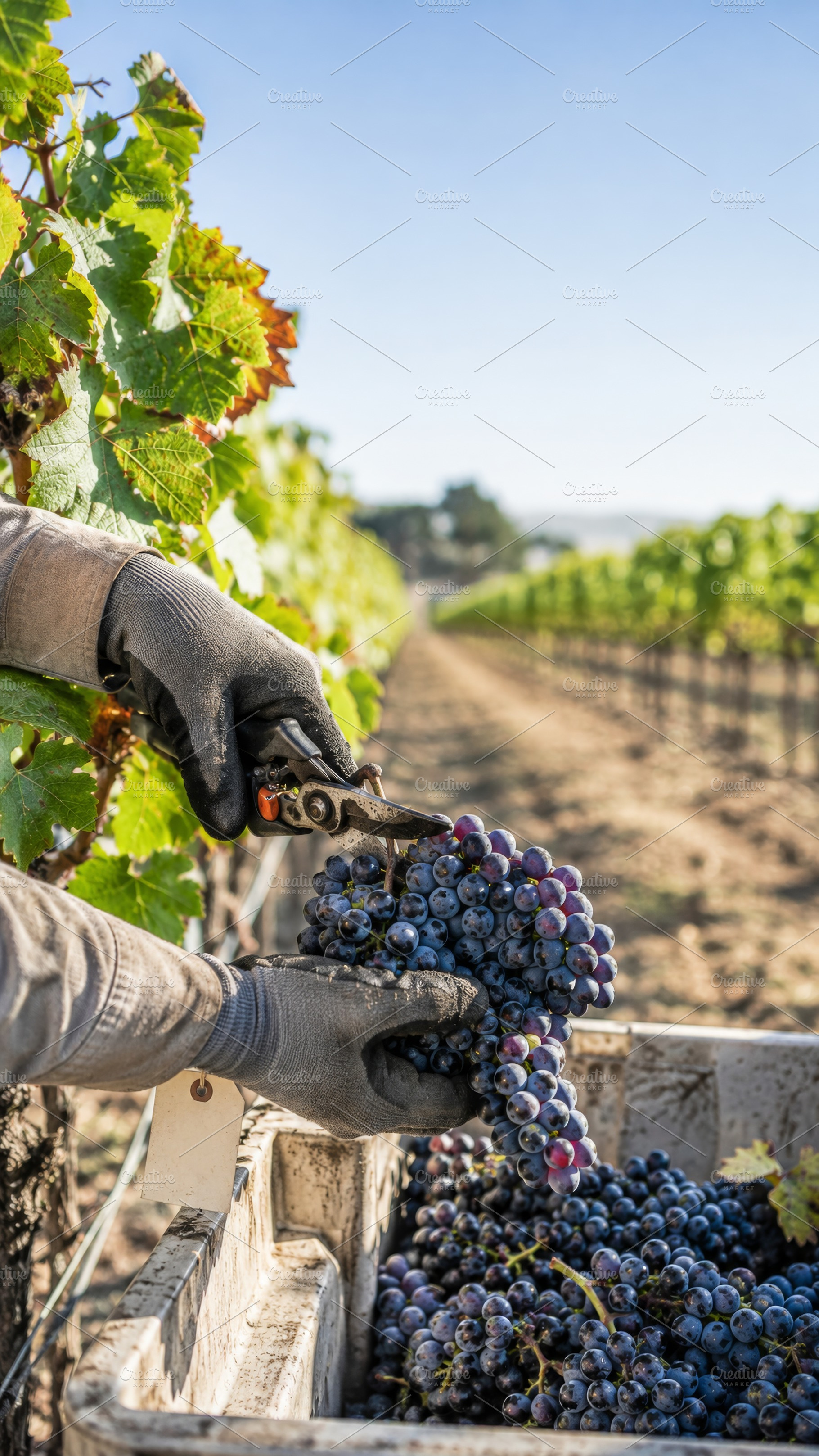 Grapes being harvested in vineyard,, a Photo by Dvoevnore photos
