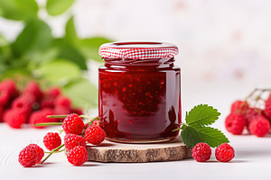 Raspberry jam and berries on wooden table, a Food & Drink Photo by AlyaAnd