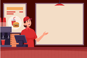 Fast food menu. happy cashier of, a Food Illustration by Onyx
