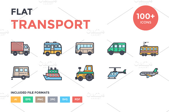 100+ Flat Transport Icons Set preview 6