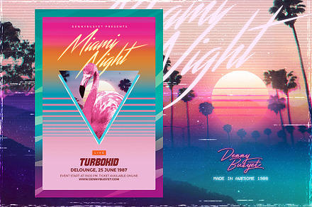 Miami Night 80's Synthwave Flyer, a Flyer Template by dennybusyet