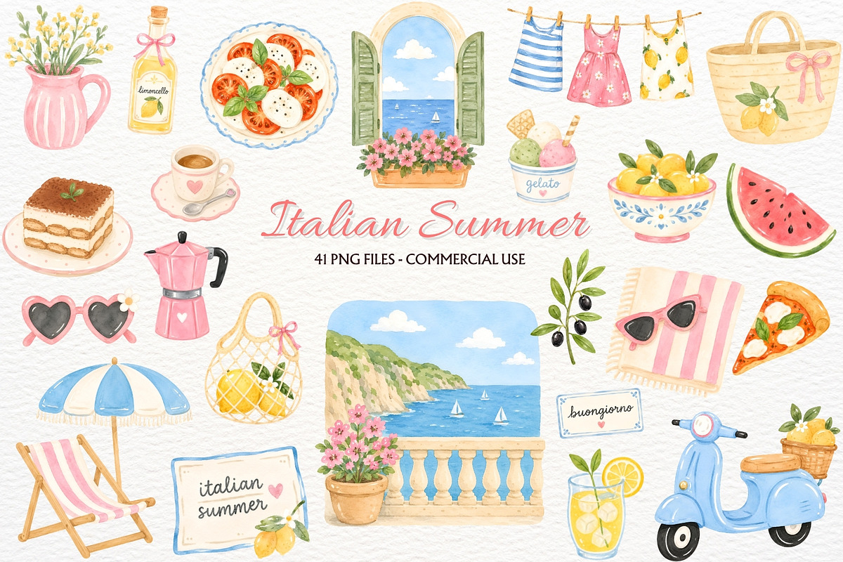Italian Summer Clipart Coastal PNG, a Seasonal Illustration by SugarCloudStudioArt (Photo 1 of 7)
