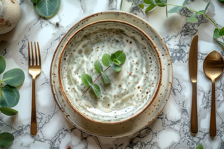 Stylish Table Setting with Cutlery and Eucalyptus Leaves on Marble Background, a Photo by AS photostudio