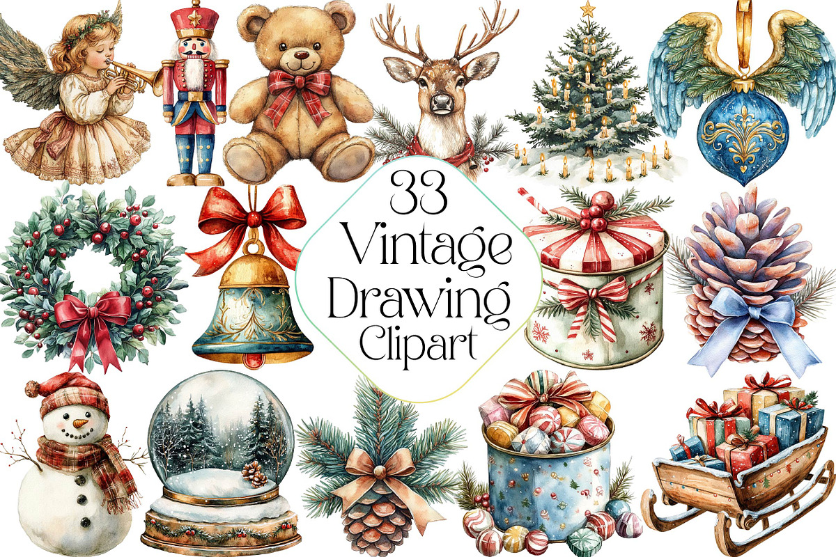 Watercolor Vintage Drawing Christmas, an Illustration by DreamPrint404 (Photo 1 of 7)