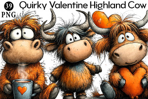 Quirky Valentine Highland Cow Clipar, an Illustration by Daily.Designs