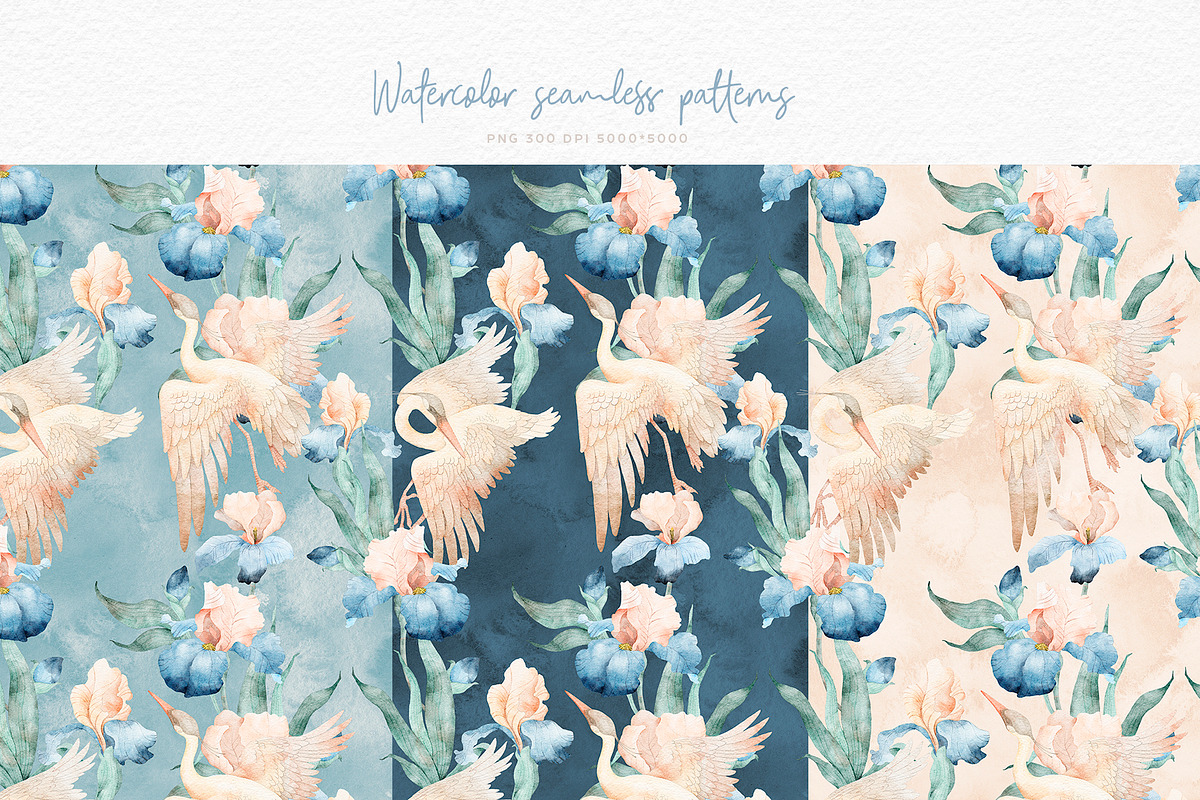 Watercolor Irises Flowers and Herons, an Illustration by Alamella (Photo 3 of 15)
