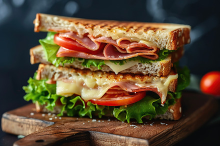 Toast sandwich with cheese, turkey ham, tomato and fresh lettuce on cutting boa, a Food & Drink Photo by AlyaAnd