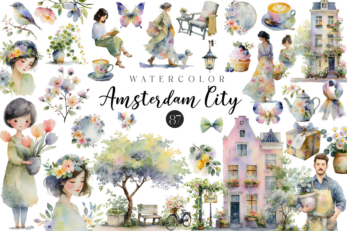 Watercolor Amsterdam City Clipart, an Illustration by CreationArt (Photo 2 of 7)