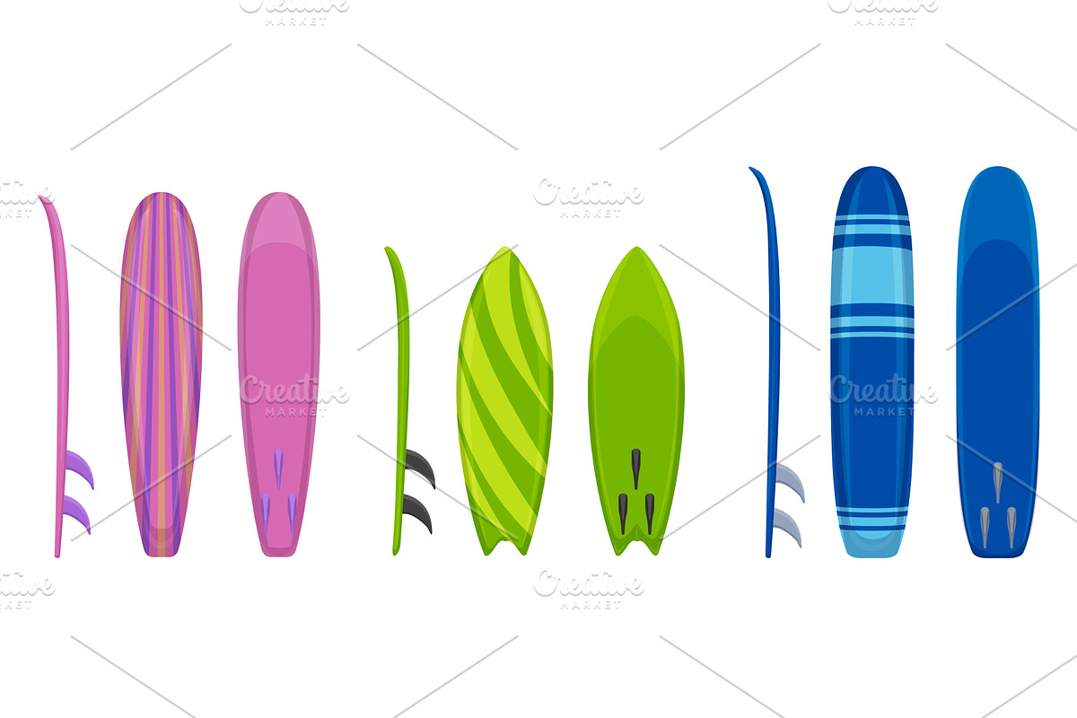 Surfboard icons set, cartoon style, an Illustration by Ylivdesign