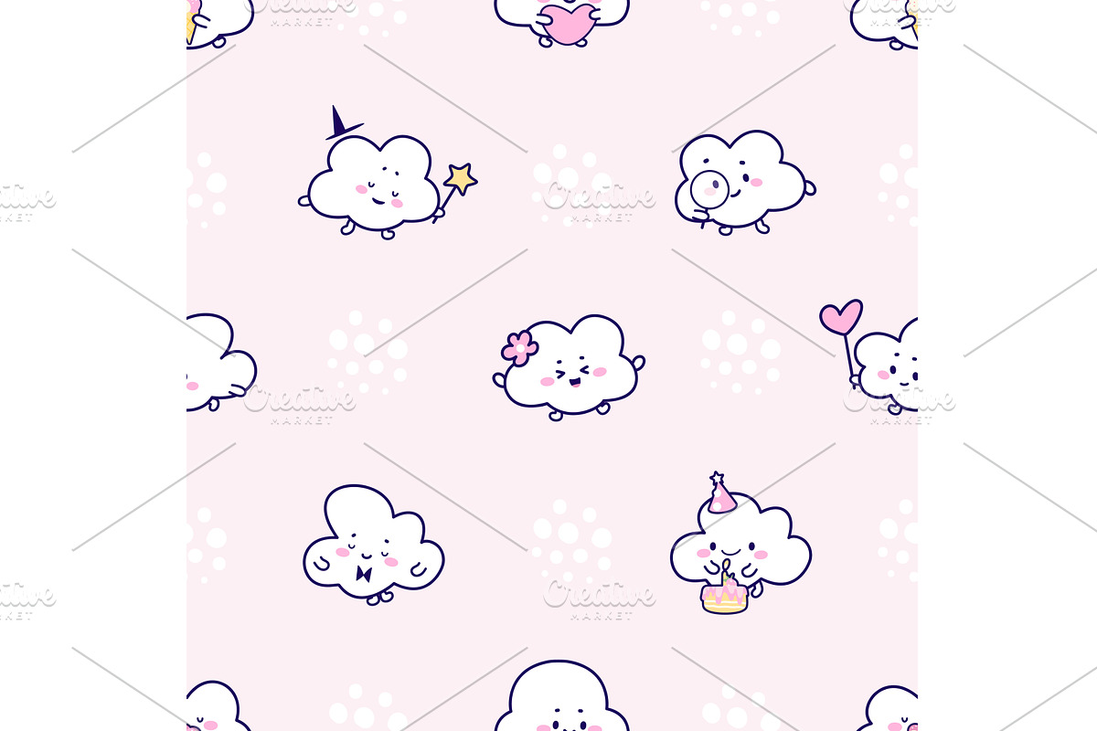 Kawaii clouds seamless pattern. Cute, an Illustration by Valerie Bodnar