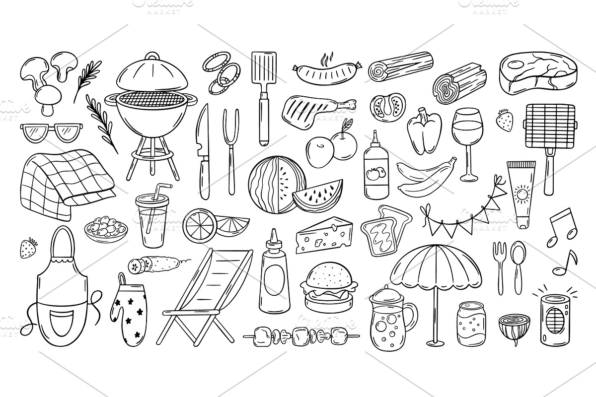 Bbq party doodle. Barbeque elements, a Food Illustration by Valerie Bodnar