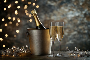 Champagne glasses and bucket with champagne bottle on blurred lights background, a Food & Drink Photo by AlyaAnd