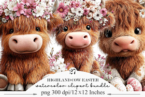 Highland Cow Easter Floral Clipart, an Illustration by Designking
