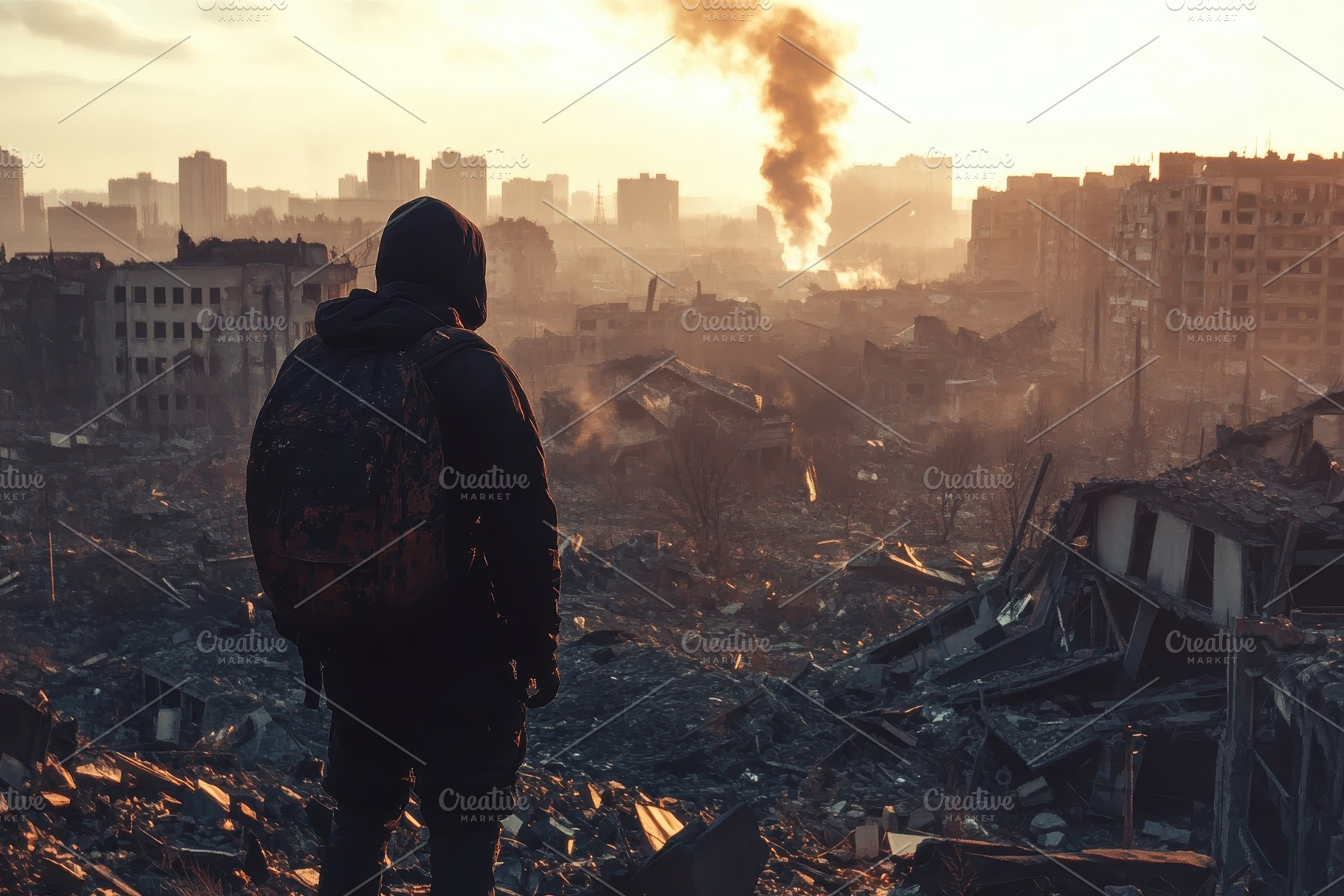 One hooded figure surveys destroyed, a Photo by Pavel_design