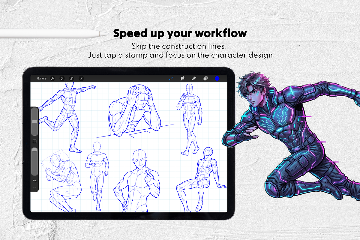 220 Male Anime Poses Procreate Stamp, a Brush Add-On by Selentaori Studio (Photo 6 of 11)