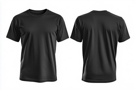 A plain black t-shirt mockup from the front and back views, showcasing a simple, a Shirt Mockup by Textures & Backgrounds