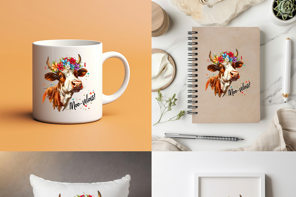 Colorful cow wearing a flower crown., an Animal Illustration by yod67 (Photo 6 of 8)