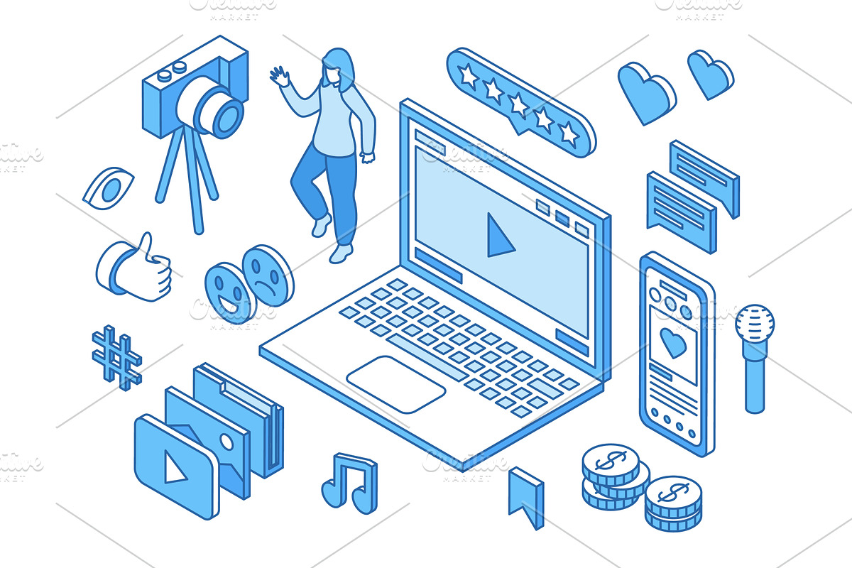 Social media content isometric scene, a Technology Illustration by Valerie Bodnar
