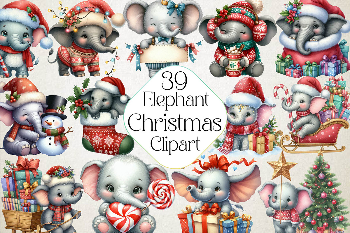 Christmas Elephant Clipart, an Illustration by DreamPrint404 (Photo 1 of 5)