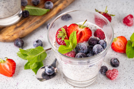 Chia seeds pudding dessert with fresh berries
