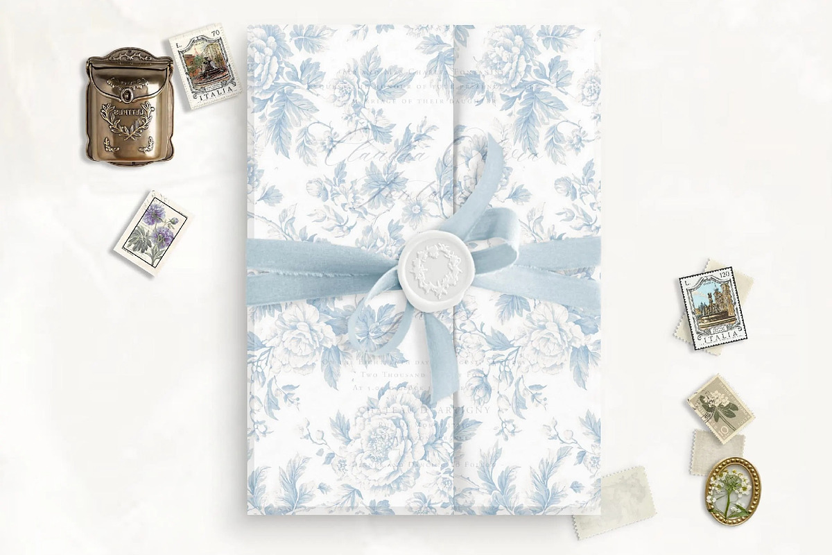 French Blue Botanical Toile Vellum, a Stationery Template by SilverJoyAtelier (Photo 1 of 3)
