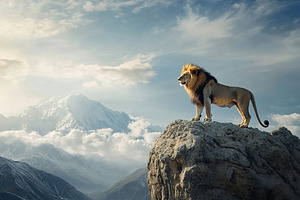Big lion king of beasts standing on the edge of a cliff, an Animal Photo by AlyaAnd