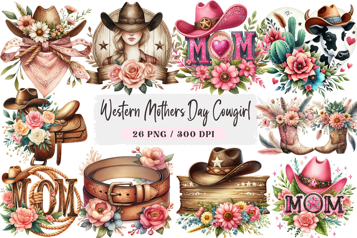Western Mothers Day Cowgirl Bundle, a Seasonal Illustration by DreamArtGraphic (Photo 1 of 4)