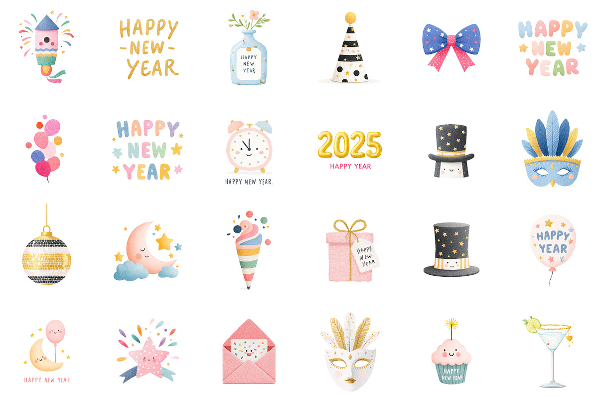 Watercolor Happy New Year Clipart, an Illustration by Sublimation Artist (Photo 2 of 6)
