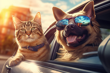 Dog and cat looking out car window. Travel by car. Generative AI, an Animal Photo by AlyaAnd
