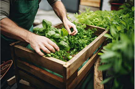 urban gardener harvesting fresh, a Food & Drink Photo by Sergey Kotenev