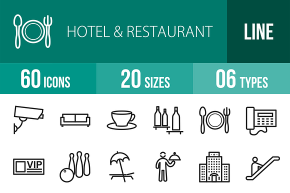 60 Hotel Restaurant Line Icons