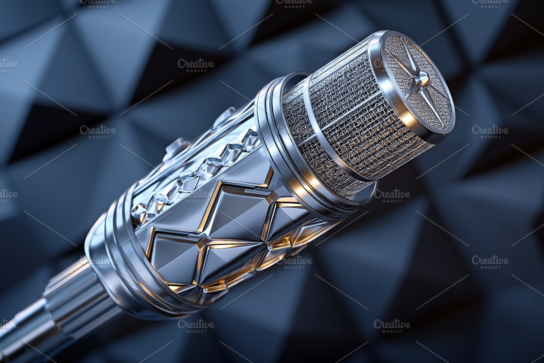 Close up of a vintage style microphone against a geometric background in a reco, a Technology Photo by AlyaAnd