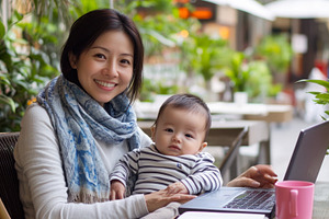 Woman works with baby at cafe, a Photo by Beautiful things