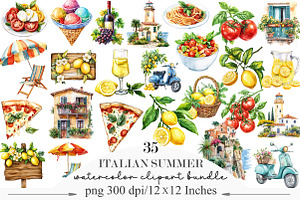 Watercolor Italian Summer Clipart, an Illustration by Designking