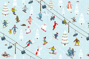 Mountain Ski Resort Seamless Pattern