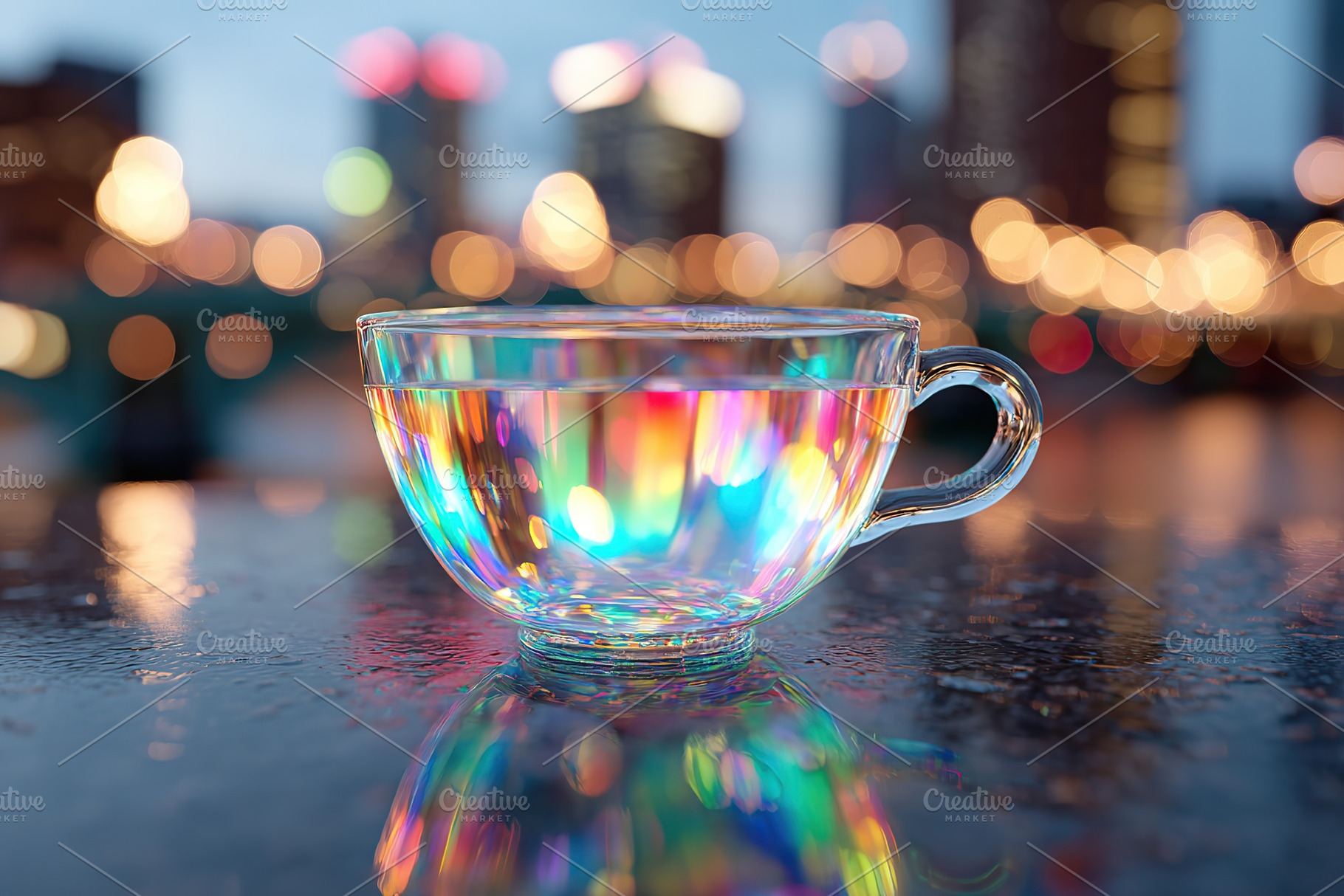 Colorful neon tea in a clear teacup reflecting city lights at sunset, a Food & Drink Photo by AlyaAnd