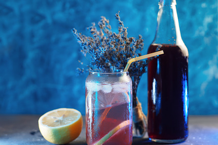 homemade summer lavender lemonade with lemon. Cold refreshing summer drink, lav