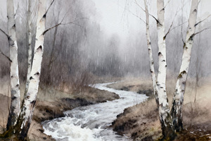 White Birch Trees Scene Wallpaper, an Illustration by Virgo Studio