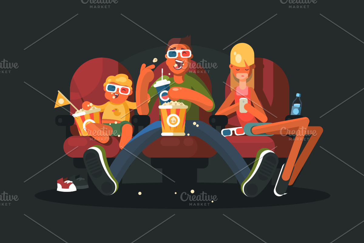 Family in the cinema watching movie, a Food Illustration by Kit8.net
