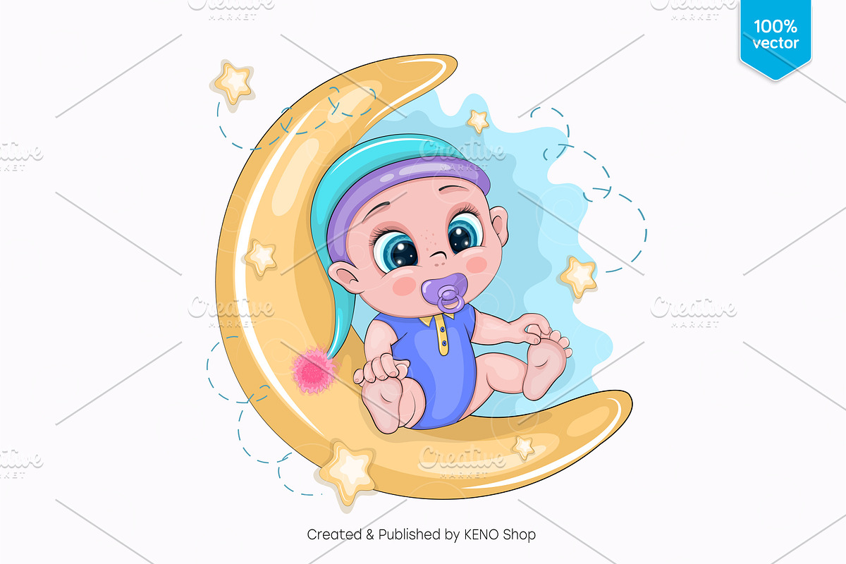 Cartoon Baby & Moon. Tshirt, PNG., a Person Illustration by KENO Mascots (Photo 2 of 4)