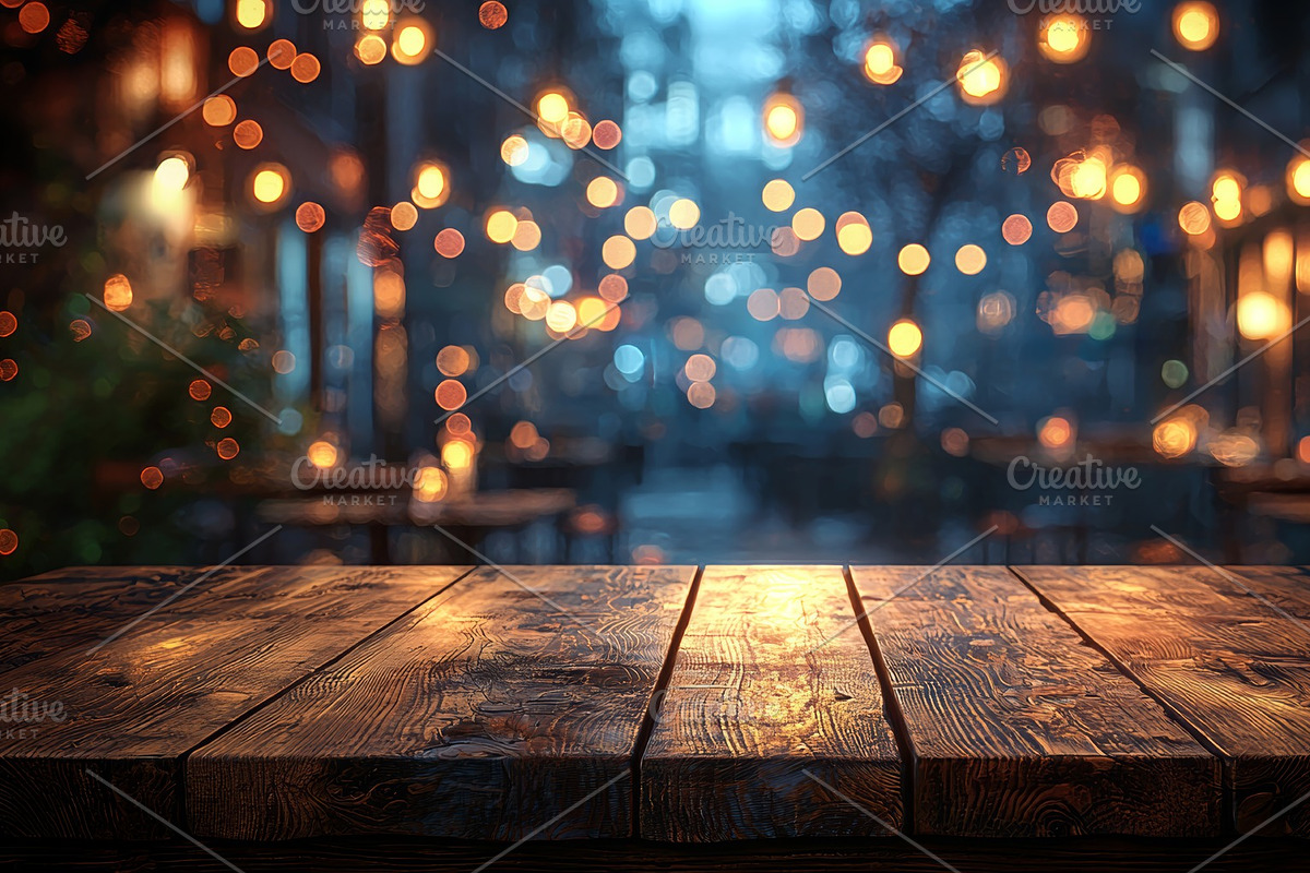 Rustic wooden table with atmospheric lights in an outdoor cafe setting, an Illustration by AS photostudio