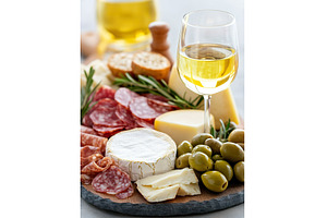 Gourmet cheese platter with wine, a Food & Drink Photo by Lermont51