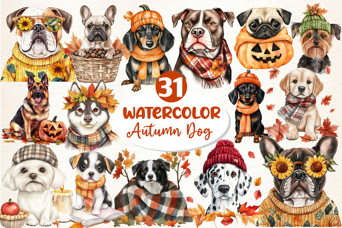 Watercolor Autumn Dog Clipart, an Illustration by Dream Creation (Photo 1 of 6)